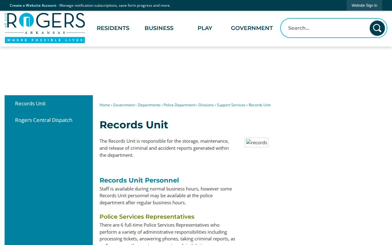 Rogers Police Records Unit for Benton County arrest and booking record requests